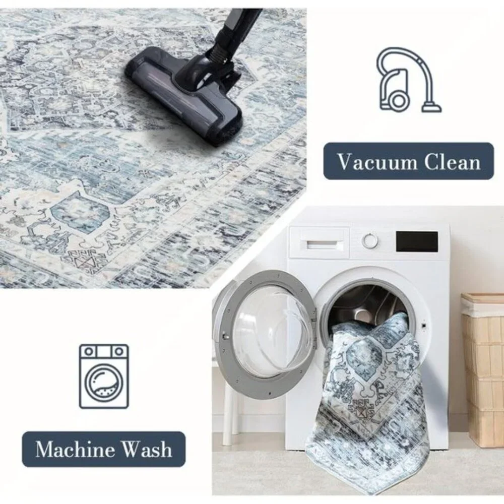 5x7 Light Blue Area Rug Washable, Non-Slip, Ultra-Soft Vintage Carpet for Home